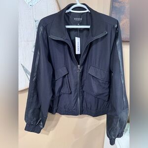 NEW Guess Women's Black Bomber Jacket With Faux Leather Accents Size XL